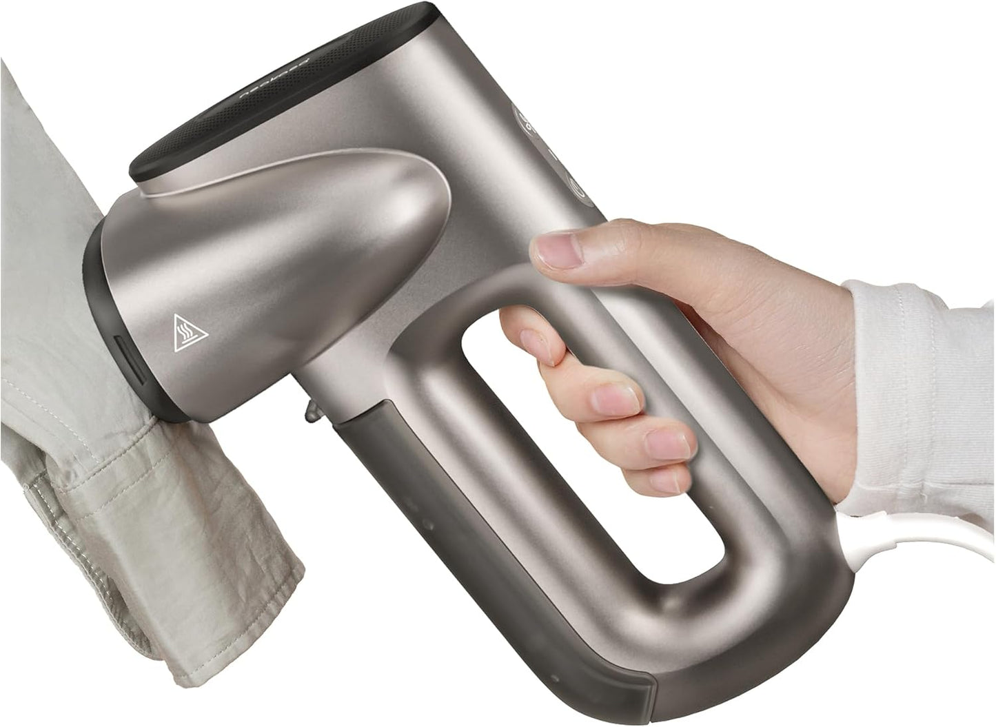 Neakasa handheld clothes steamer shown in use, providing fast and consistent steam to remove wrinkles from shirts, blouses, and everyday garments. The compact and lightweight design makes it suitable for home use or travel, while the 1800W heating system delivers quick warm-up and strong steam flow. The 280ml water tank offers several minutes of continuous steaming for multiple clothing pieces. This steamer works well on cotton, linen, silk, wool, and synthetic fabrics, making it a versatile solution for qu