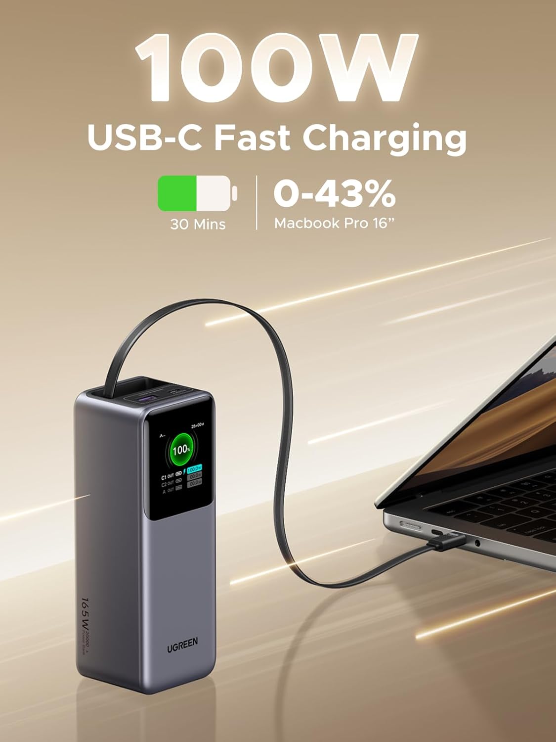 UGREEN 20000mAh portable power bank designed for fast and reliable charging while traveling or on daily commutes. This compact USB-C power bank supports 22.5W PD and QC fast charging technology, allowing smartphones, tablets, and other USB-powered devices to recharge quickly and safely. The slim and lightweight design fits easily in a pocket or bag, making it convenient for outdoor activities, work, or emergencies. Featuring a clear LED display, users can track remaining battery levels at a glance. Built-in