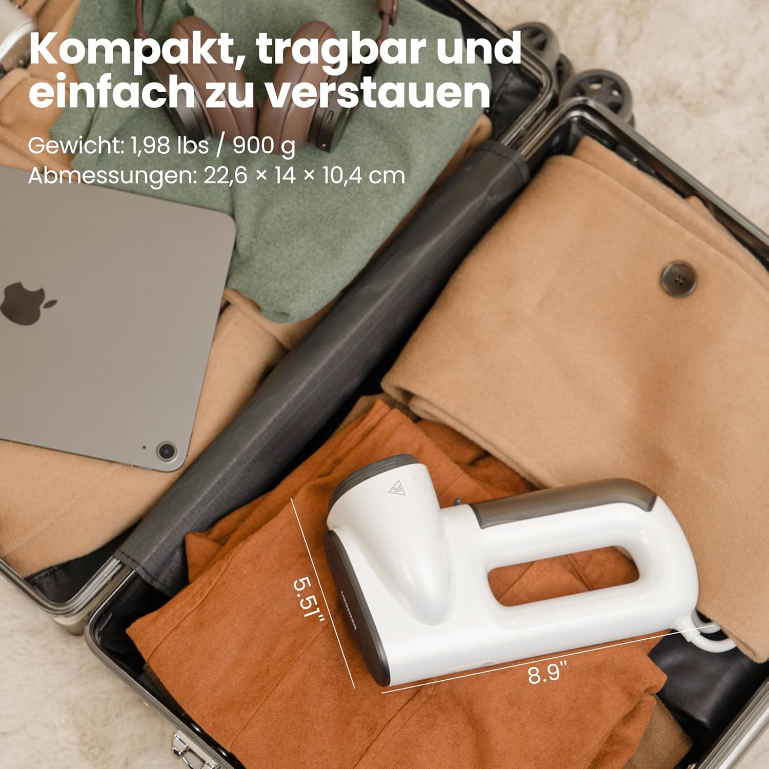 Neakasa handheld clothes steamer shown in use, providing fast and consistent steam to remove wrinkles from shirts, blouses, and everyday garments. The compact and lightweight design makes it suitable for home use or travel, while the 1800W heating system delivers quick warm-up and strong steam flow. The 280ml water tank offers several minutes of continuous steaming for multiple clothing pieces. This steamer works well on cotton, linen, silk, wool, and synthetic fabrics, making it a versatile solution for qu