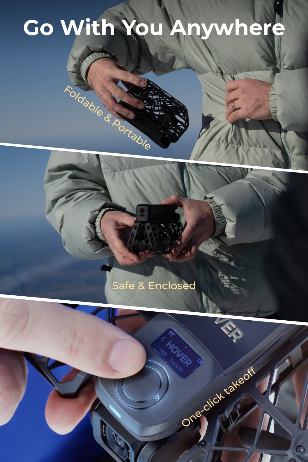 HOVERAir X1 ProMAX 8K Action Flying Camera Drone shown folded and ready for adventure filming. The compact flying action camera features 8K video recording, SmoothCapture 2.0 stabilization, and hands-free automatic flight modes. Ideal for travel, sports, and outdoor activities, this lightweight foldable drone delivers cinematic footage from unique perspectives. It follows movement up to 42 KM/H and handles various terrains with OmniTerrain flight capability, including snow and coastal environments. Designed