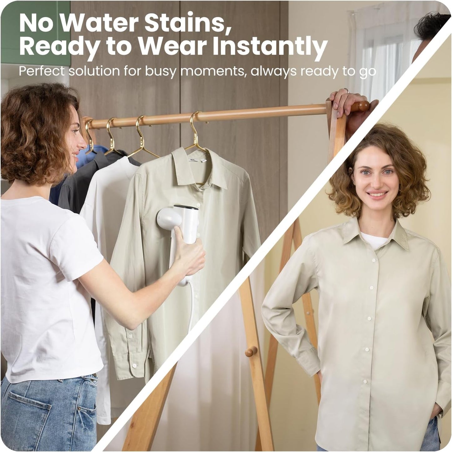 Neakasa handheld clothes steamer shown in use, providing fast and consistent steam to remove wrinkles from shirts, blouses, and everyday garments. The compact and lightweight design makes it suitable for home use or travel, while the 1800W heating system delivers quick warm-up and strong steam flow. The 280ml water tank offers several minutes of continuous steaming for multiple clothing pieces. This steamer works well on cotton, linen, silk, wool, and synthetic fabrics, making it a versatile solution for qu