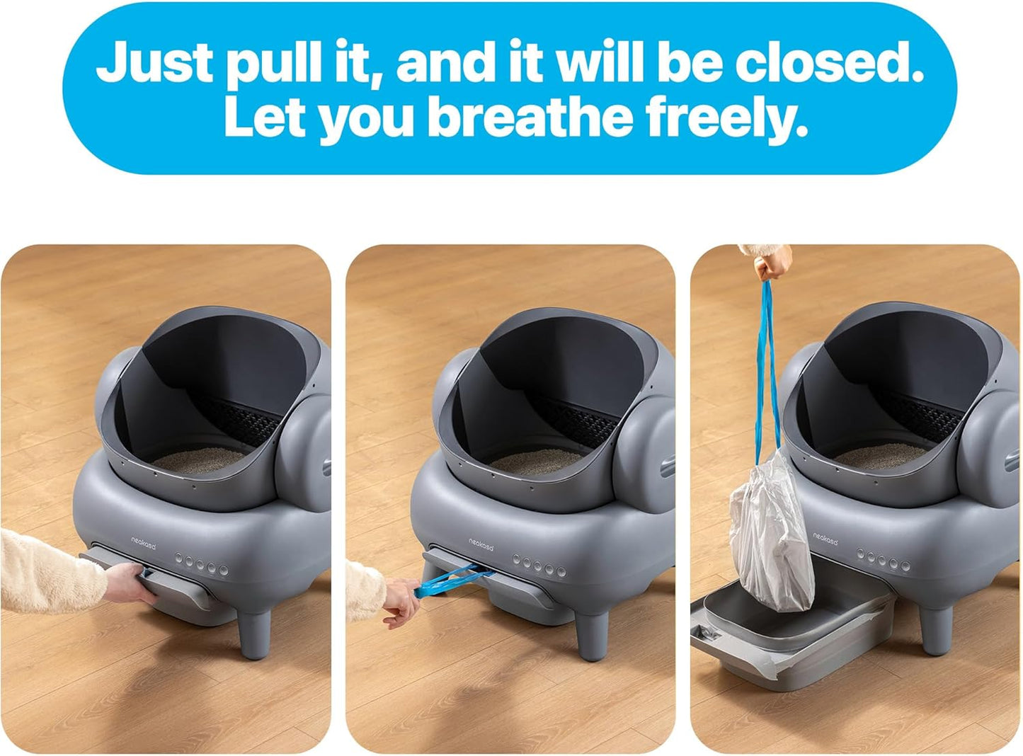Neakasa M1 Open-Top Automatic Self-Cleaning Cat Litter Box shown in a modern home setting. The litter box features a spacious open-top layout designed to help cats feel comfortable while maintaining a low-stress environment. The design includes a sealed waste compartment for strong odor control and a quiet automated cleaning cycle that helps reduce daily scooping. The unit connects to a mobile app for usage tracking, cleaning reports, and reminders. Suitable for one or multiple cats, this automatic litter b