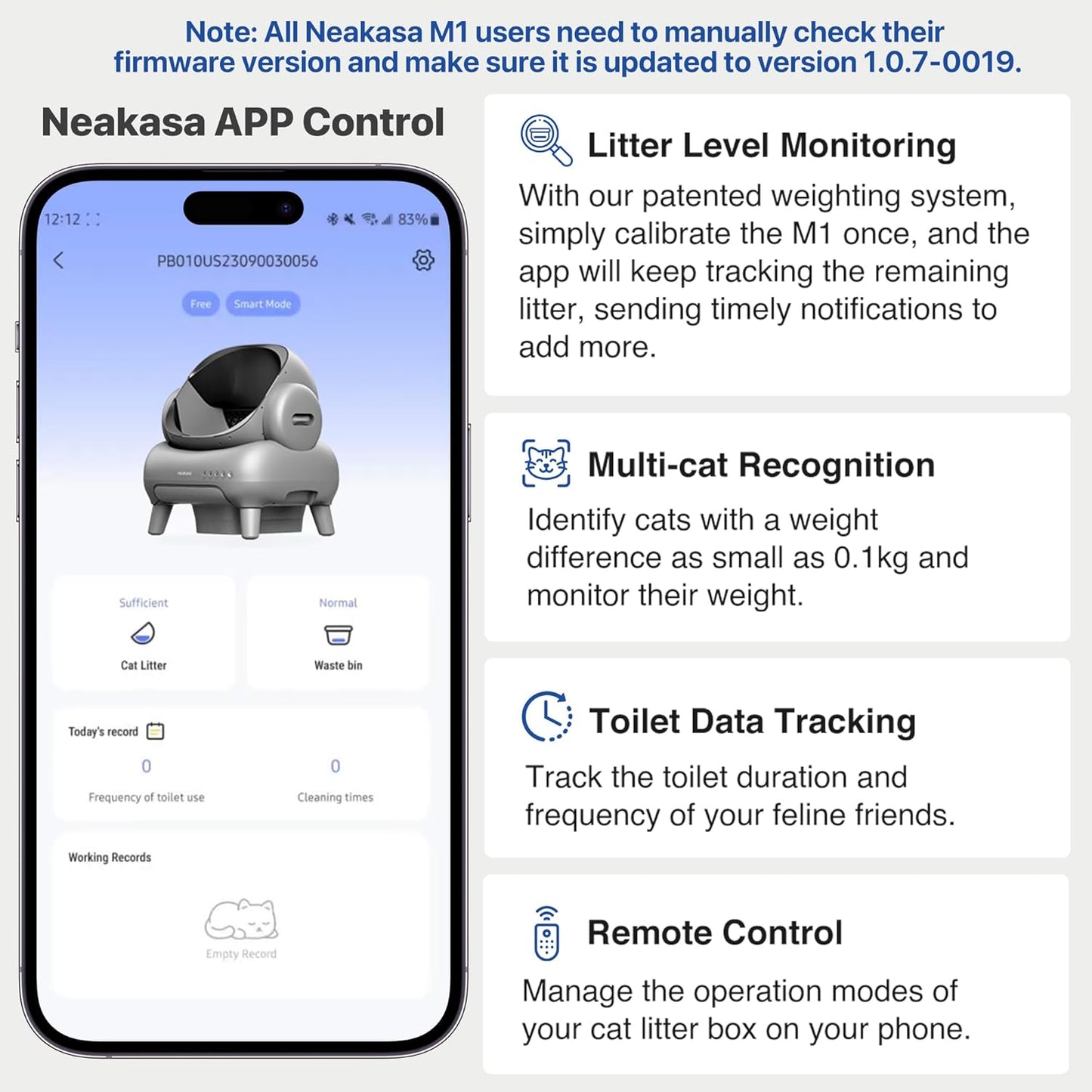 Neakasa M1 Open-Top Automatic Self-Cleaning Cat Litter Box shown in a modern home setting. The litter box features a spacious open-top layout designed to help cats feel comfortable while maintaining a low-stress environment. The design includes a sealed waste compartment for strong odor control and a quiet automated cleaning cycle that helps reduce daily scooping. The unit connects to a mobile app for usage tracking, cleaning reports, and reminders. Suitable for one or multiple cats, this automatic litter b