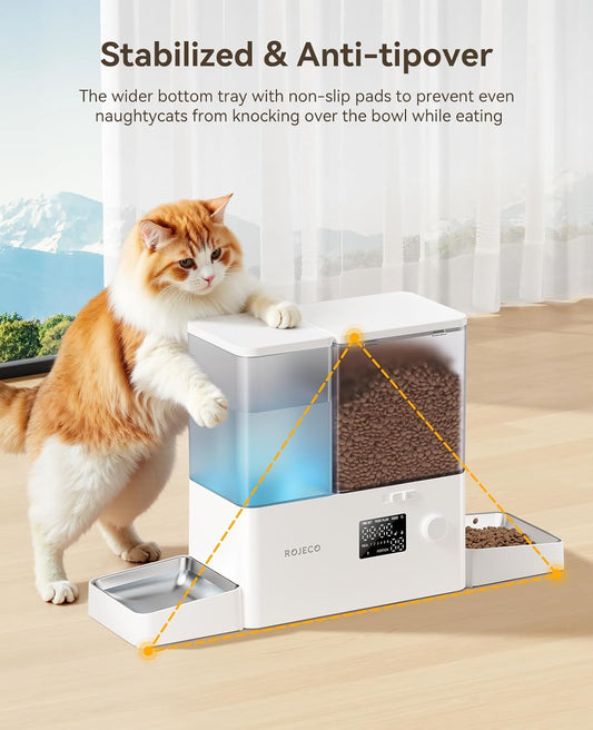 Image of the Rojeco 2-in-1 Automatic Cat Feeder and Water Dispenser featuring a 5L dry food container and a 3.5L gravity water system. The feeder includes stainless steel bowls for hygienic feeding and BPA-free construction to support pet health. The transparent containers allow easy monitoring of food and water levels, while the programmable feeding function enables controlled meal portions throughout the day. LED indicator alerts help ensure consistent food flow, and dual power support (Type-C and AAA bat