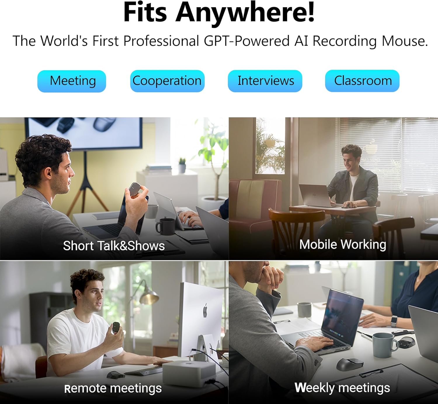 Sleek black OIKKEI 2025 AI Wireless Mouse for PC and laptop featuring an ergonomic design, integrated laser pointer for presentations, Bluetooth and USB wireless connectivity, built-in voice recorder and AI summarisation function. Ideal for business, teaching and creative workflows.