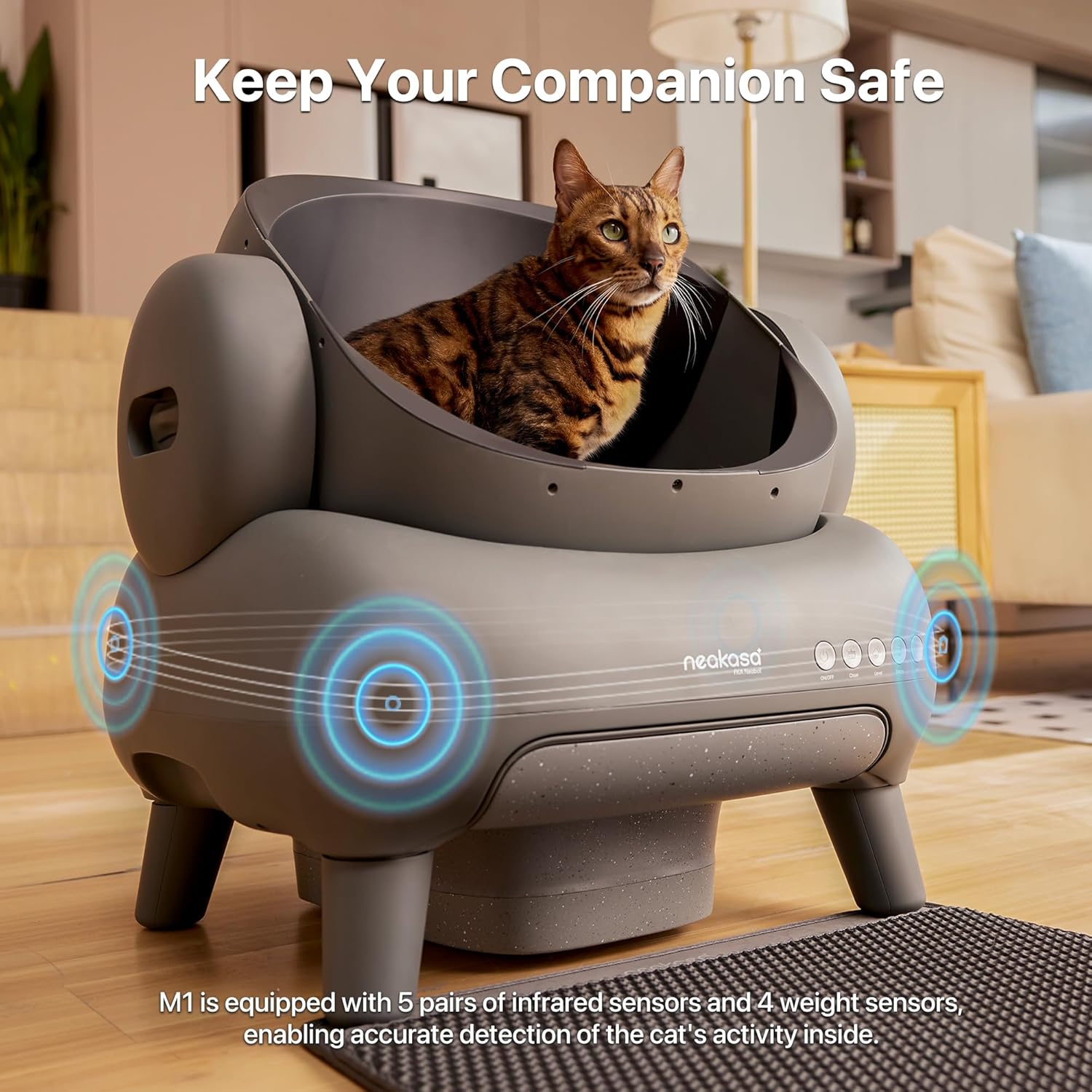 Neakasa M1 Open-Top Automatic Self-Cleaning Cat Litter Box shown in a modern home setting. The litter box features a spacious open-top layout designed to help cats feel comfortable while maintaining a low-stress environment. The design includes a sealed waste compartment for strong odor control and a quiet automated cleaning cycle that helps reduce daily scooping. The unit connects to a mobile app for usage tracking, cleaning reports, and reminders. Suitable for one or multiple cats, this automatic litter b