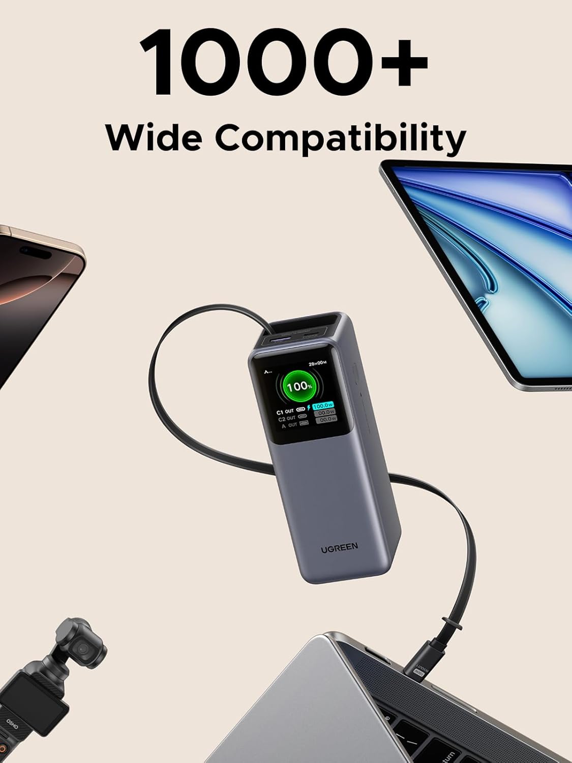 UGREEN 20000mAh portable power bank designed for fast and reliable charging while traveling or on daily commutes. This compact USB-C power bank supports 22.5W PD and QC fast charging technology, allowing smartphones, tablets, and other USB-powered devices to recharge quickly and safely. The slim and lightweight design fits easily in a pocket or bag, making it convenient for outdoor activities, work, or emergencies. Featuring a clear LED display, users can track remaining battery levels at a glance. Built-in