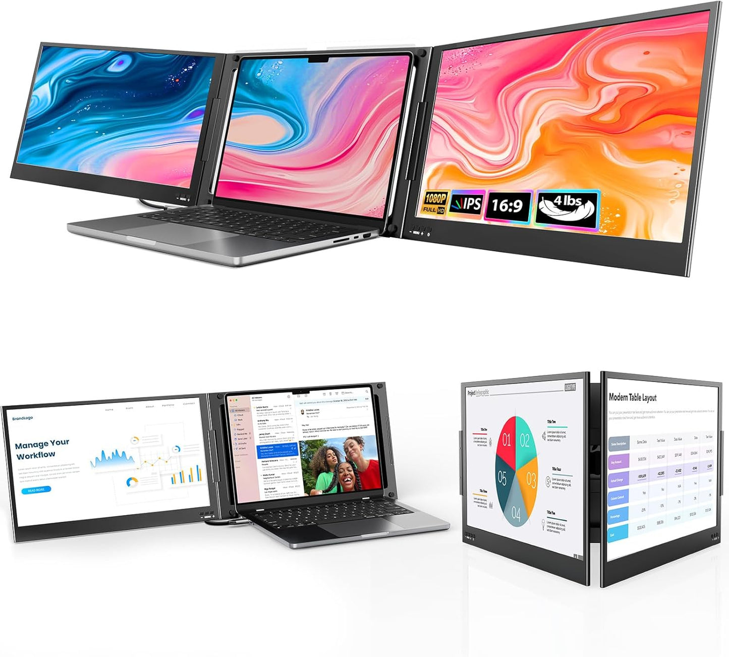 Upgrade your laptop with the Dual Boost 15.6″ Pro Max (Gen 3): dual full-HD portable monitors with single-cable USB-C connection, 300 nits brightness, 1200:1 contrast, and ultra-light design. Perfect for productivity, travel and mobile workstations.