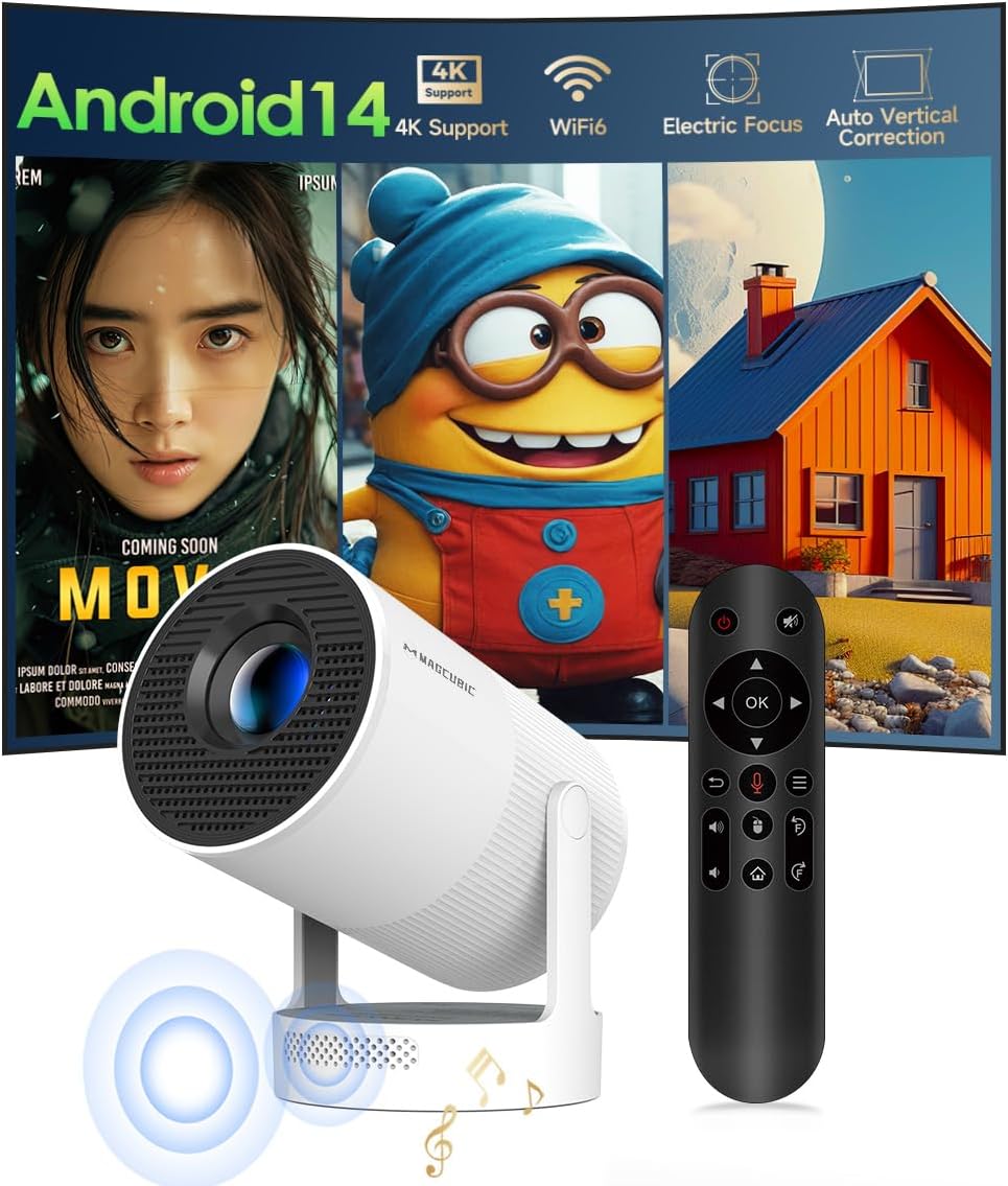 Portable Magcubic wireless home projector shown with a 180-degree rotatable lens and built-in Bluetooth soundbase. Ideal for projecting movies or streaming content on walls, ceilings or any surface. The compact design makes it suitable for bedrooms, small home theaters or travel. Auto keystone and fast wireless screen mirroring help ensure quick, simple setup with smartphones, laptops and tablets. Better viewing without complicated mounting or extra audio equipment. Supports up to 4K input resolution for sh