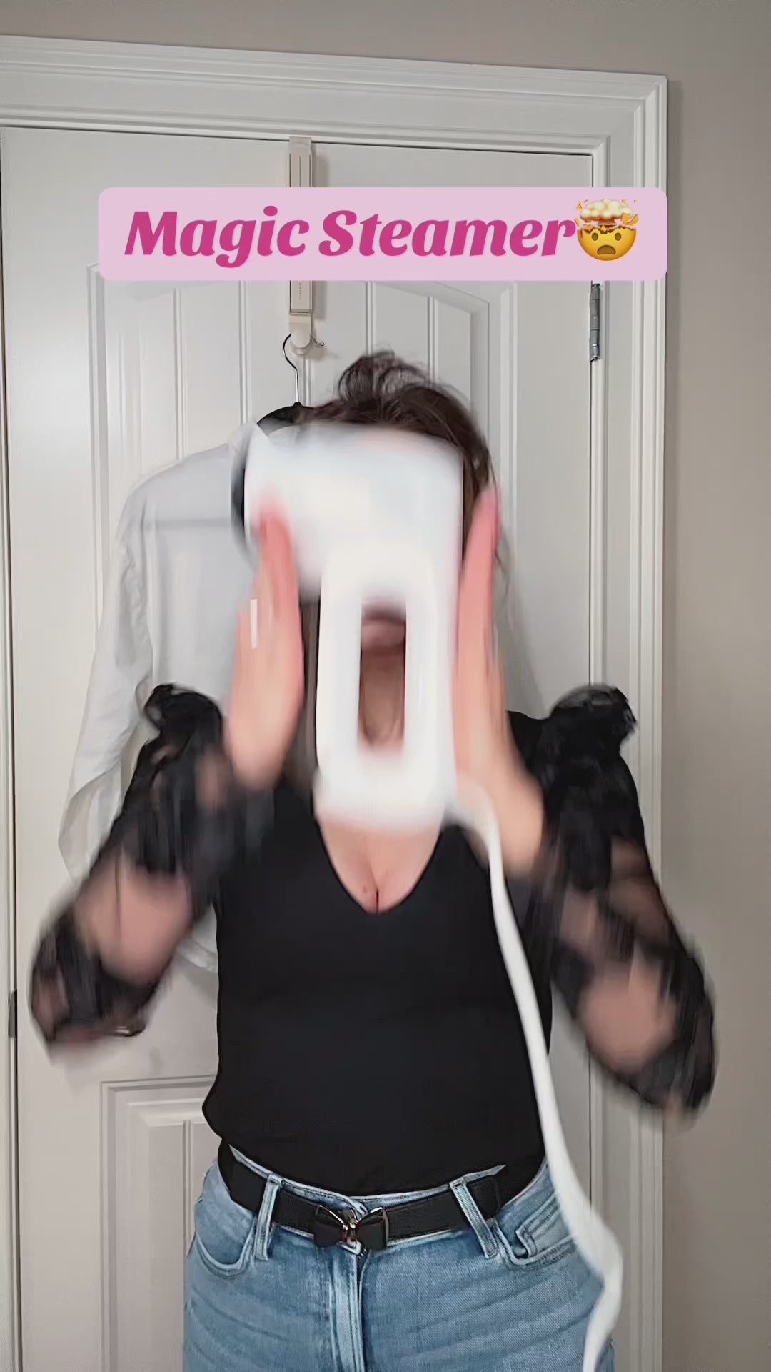 Neakasa handheld clothes steamer shown in use, providing fast and consistent steam to remove wrinkles from shirts, blouses, and everyday garments. The compact and lightweight design makes it suitable for home use or travel, while the 1800W heating system delivers quick warm-up and strong steam flow. The 280ml water tank offers several minutes of continuous steaming for multiple clothing pieces. This steamer works well on cotton, linen, silk, wool, and synthetic fabrics, making it a versatile solution for qu